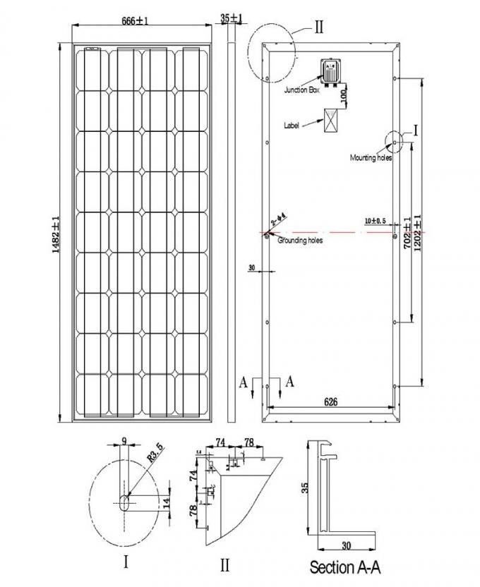 160W-165W-170W-18V μικρό διάγραμμα μεγέθους συνελεύσεων ηλιακών πλαισίων
